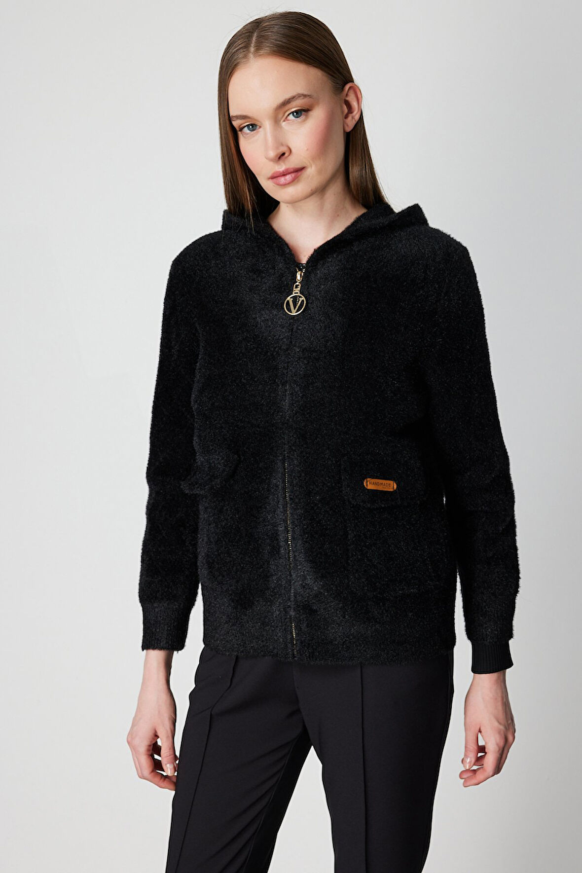 On Kadın Kapak Cepli Peluş Hırka 60936 Siyah