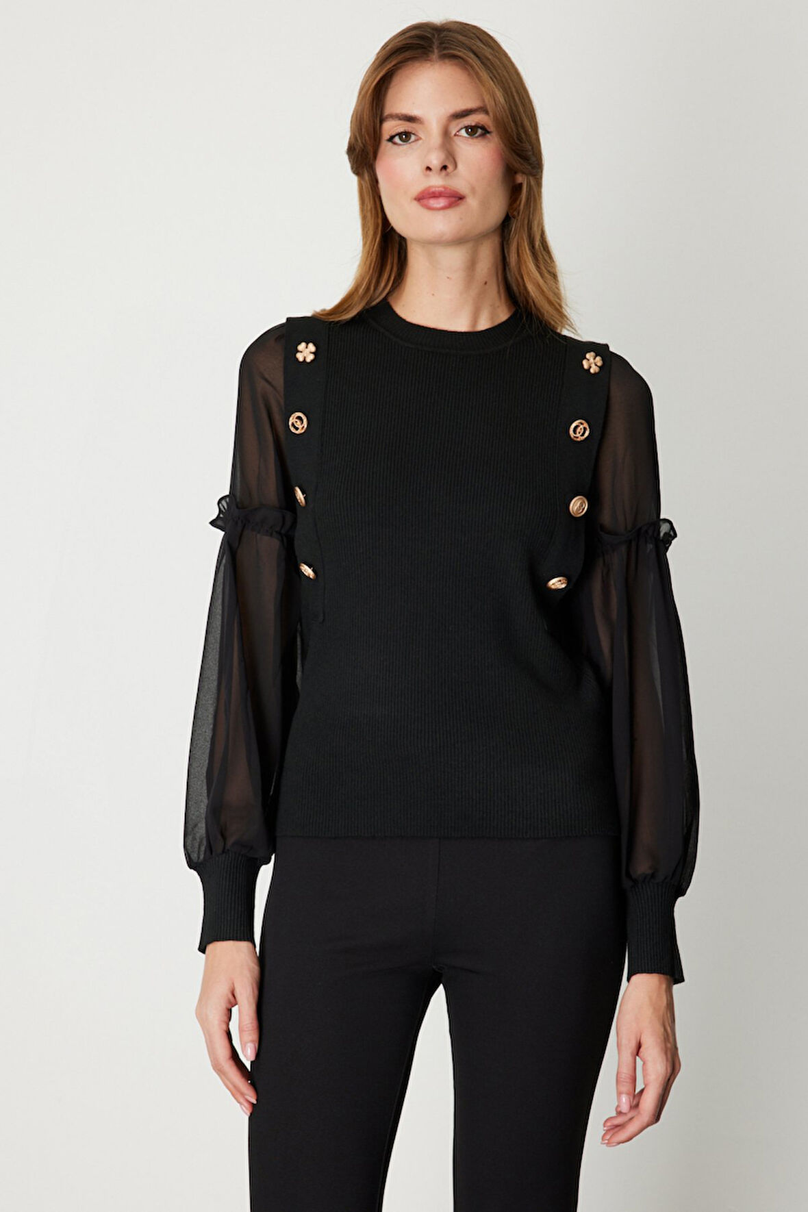 On Kadın Balon Kol Süs Düğmeli Triko Kazak 60416 Siyah