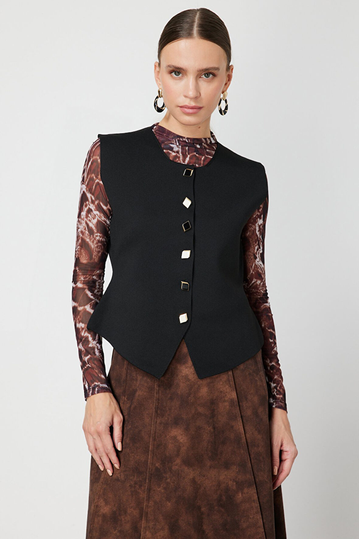 On Kadın Sıfır Yaka Düğmeli Triko Yelek 66947 Siyah