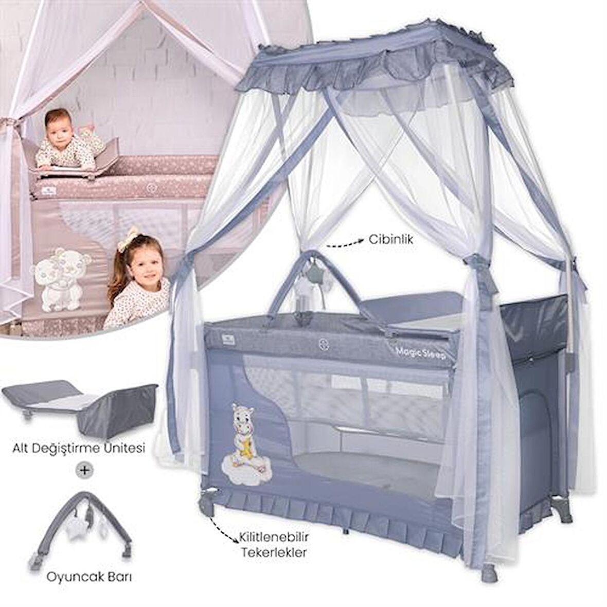 Lorelli Magic Sleep Park Yatak Beşik - Cool Grey Hippo
