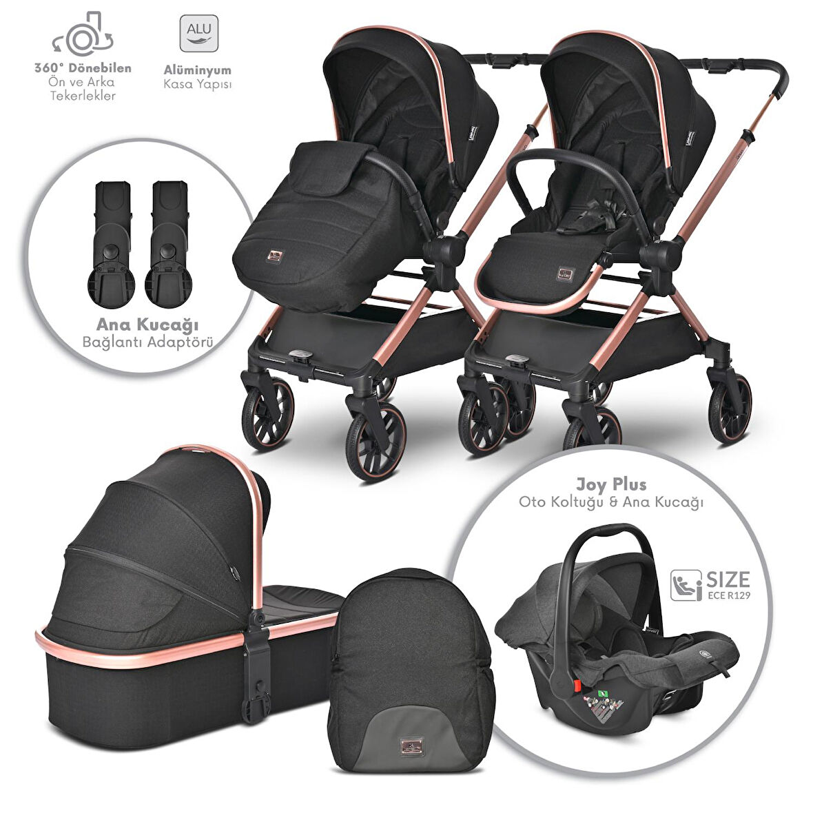 Lorelli Reya 3 in 1 Travel Sistem Bebek Arabası - Black