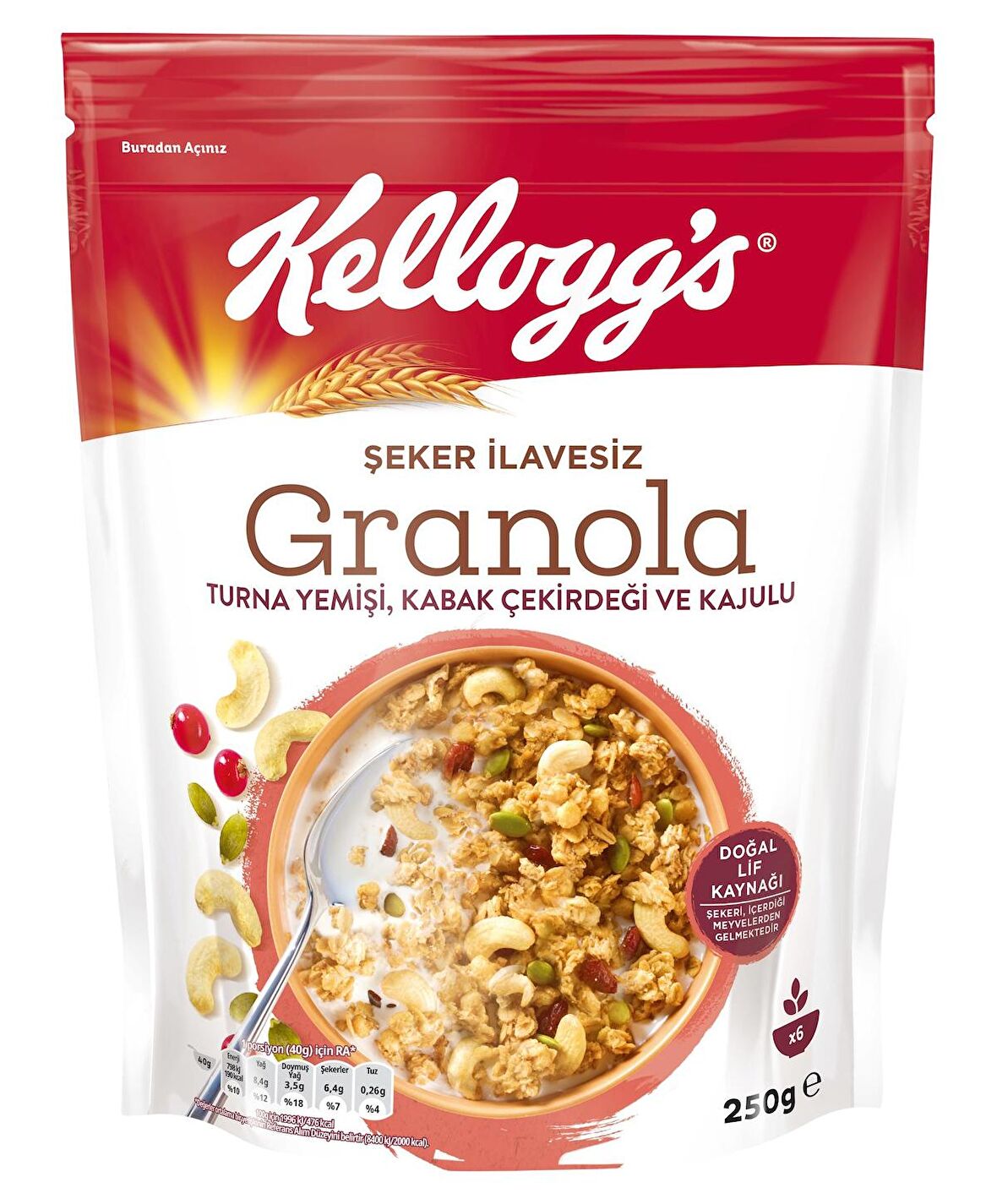 KELLOGG'S ŞEKER İLAVESİZ GRANOLA TURNA YEMİŞİ, KABAK ÇEKİRDEĞİ VE KAJULU  250 GR,%42 YULAF İÇERİR, LİF KAYNAĞI