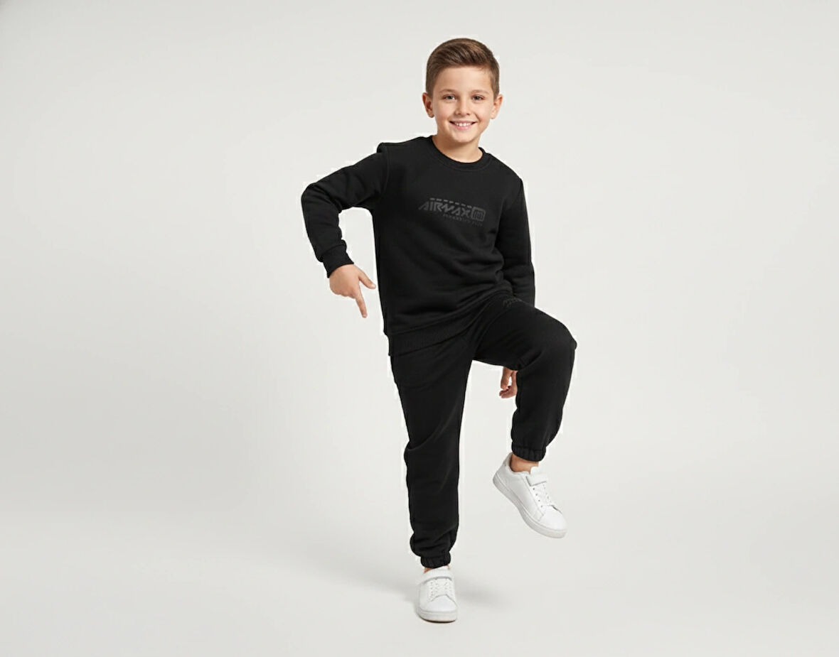 3 İplik Çocuk Şardonlu Kabartmalı Baskı Siyah Kombin 1