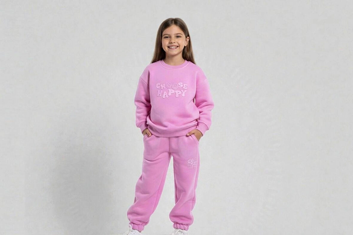 3 İplik Çocuk Şardonlu Kabartmalı Baskı Pembe Kombin 1