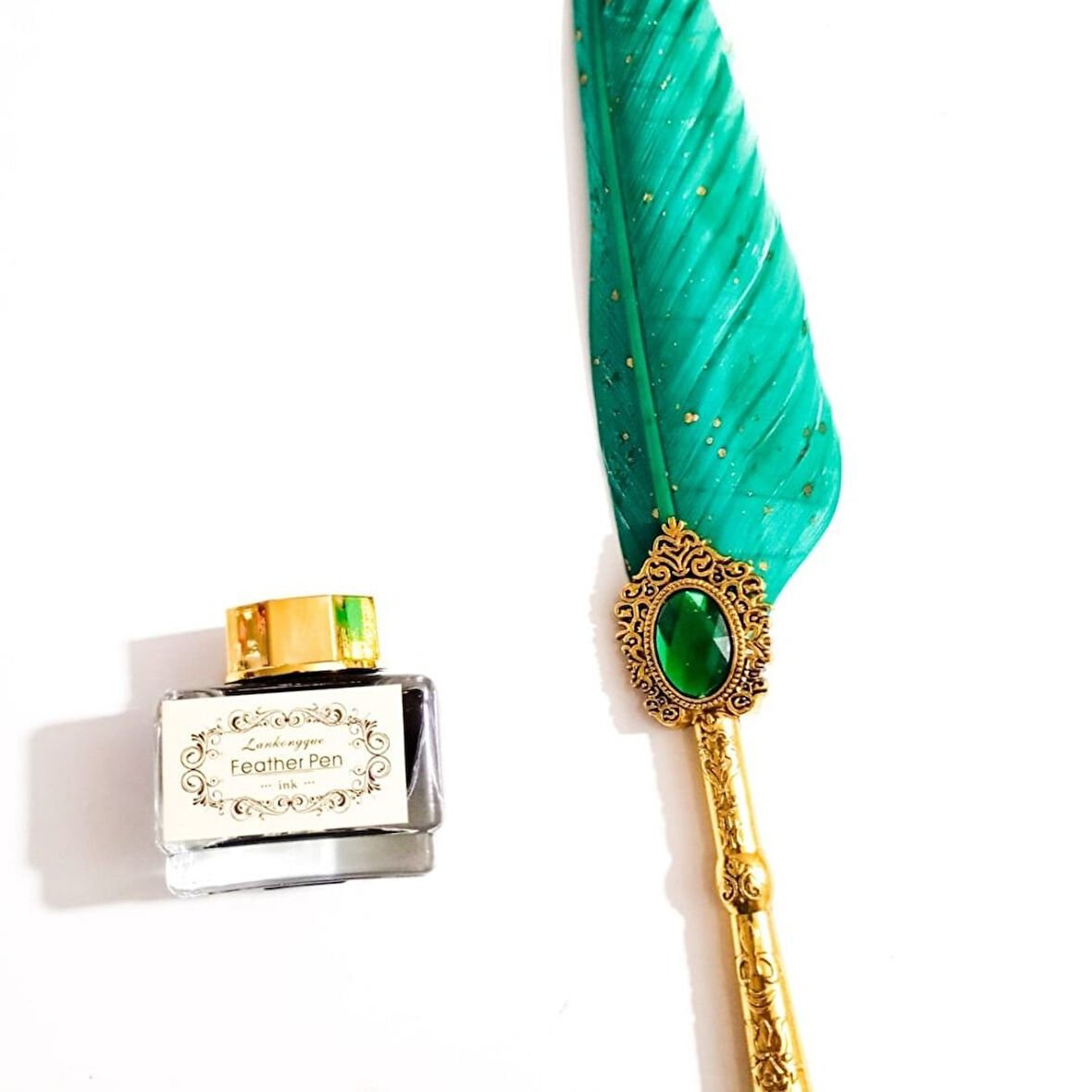 Kişiye Özel Retro Tüylü Divit Kalem Seti - Özel Kutulu Yazı Kalemi ve Mürekkep Seti