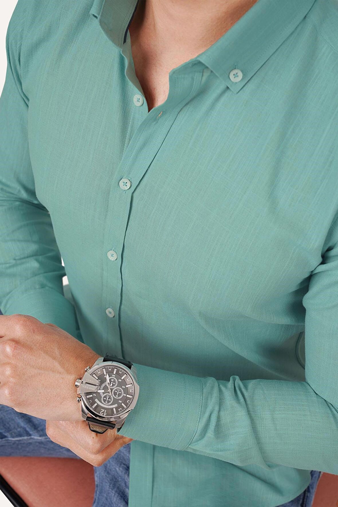 Mint Yeşili Yaka Düğmeli Keten Slimfit Gömlek