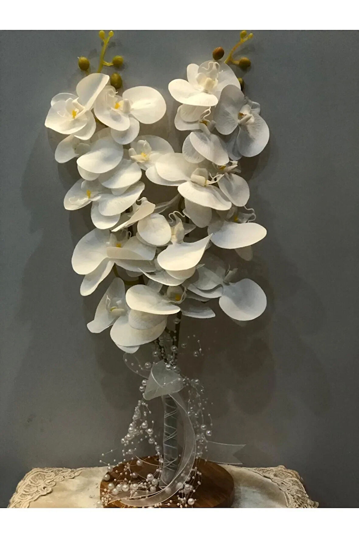 İncili beyaz orkide gelin çiçeği,incili gelin buketi,gelin el çiçeği