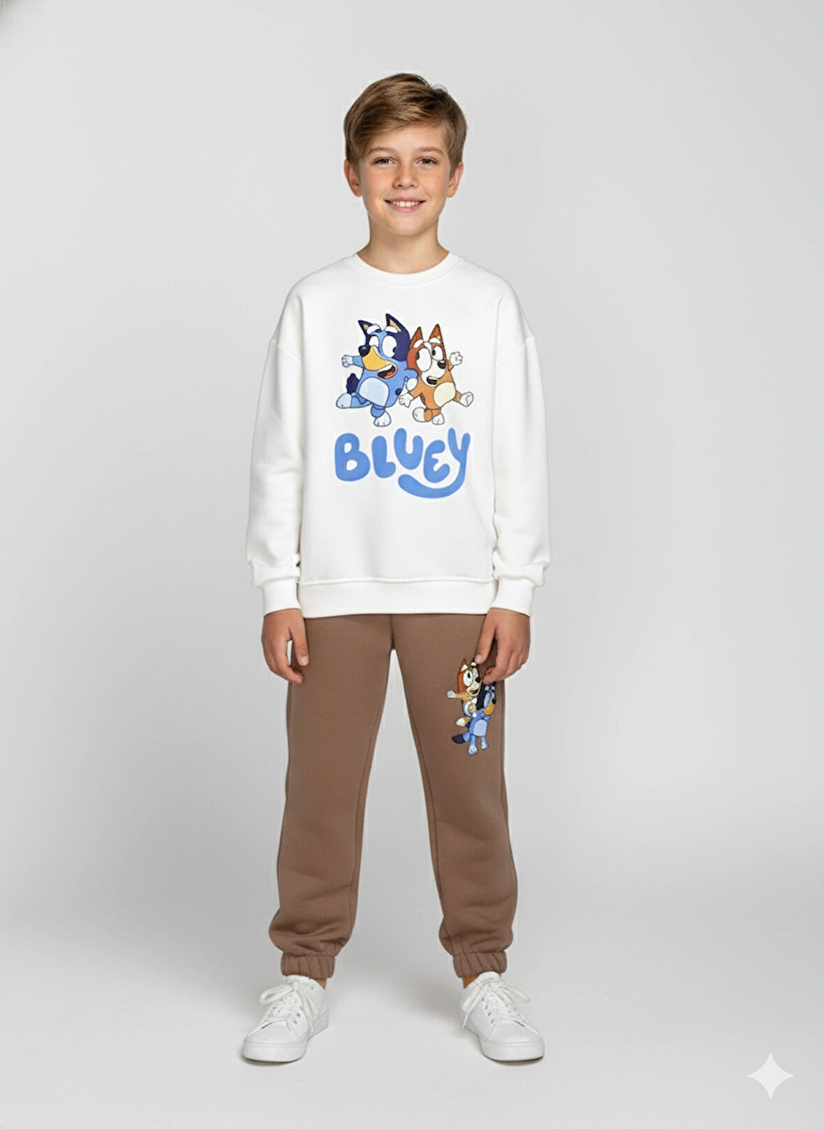 3 İplik Çocuk Eşofman Takımı Krem Kahve Kombin