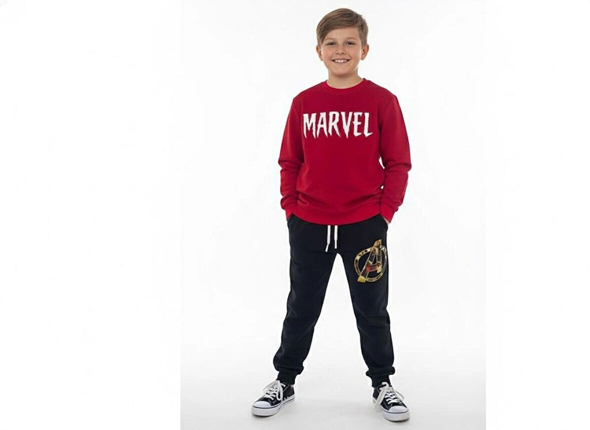 2 İplik  Garson Eşofman Takımı Kırmızı Siyah Kombin