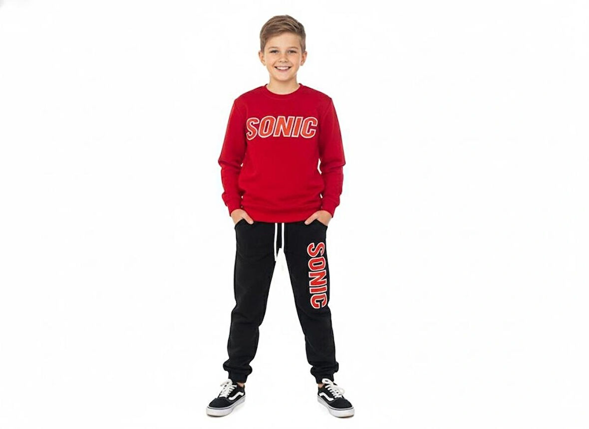 2 İplik  Eşofman Takımı Kırmızı Siyah Kombin