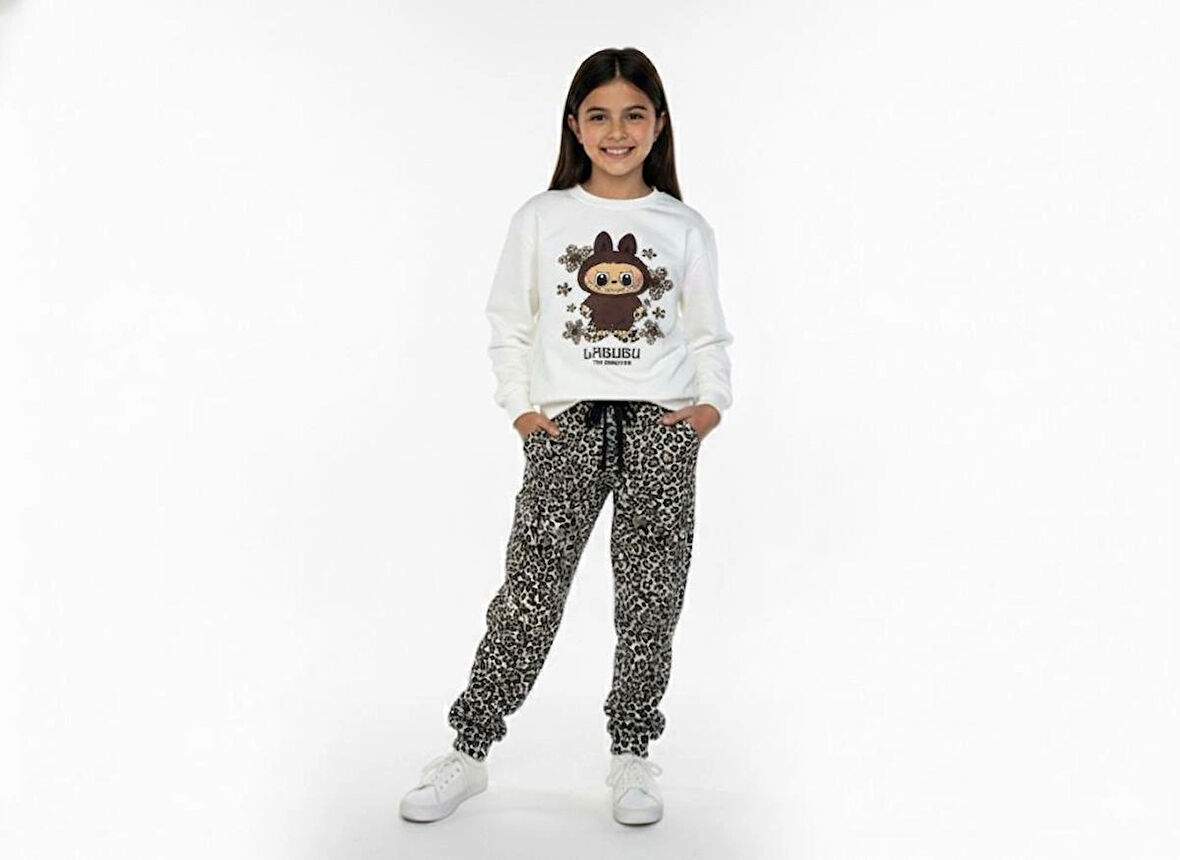 2 İplik  Çocuk Eşofman Takımı Krem Leopar Kombin 2