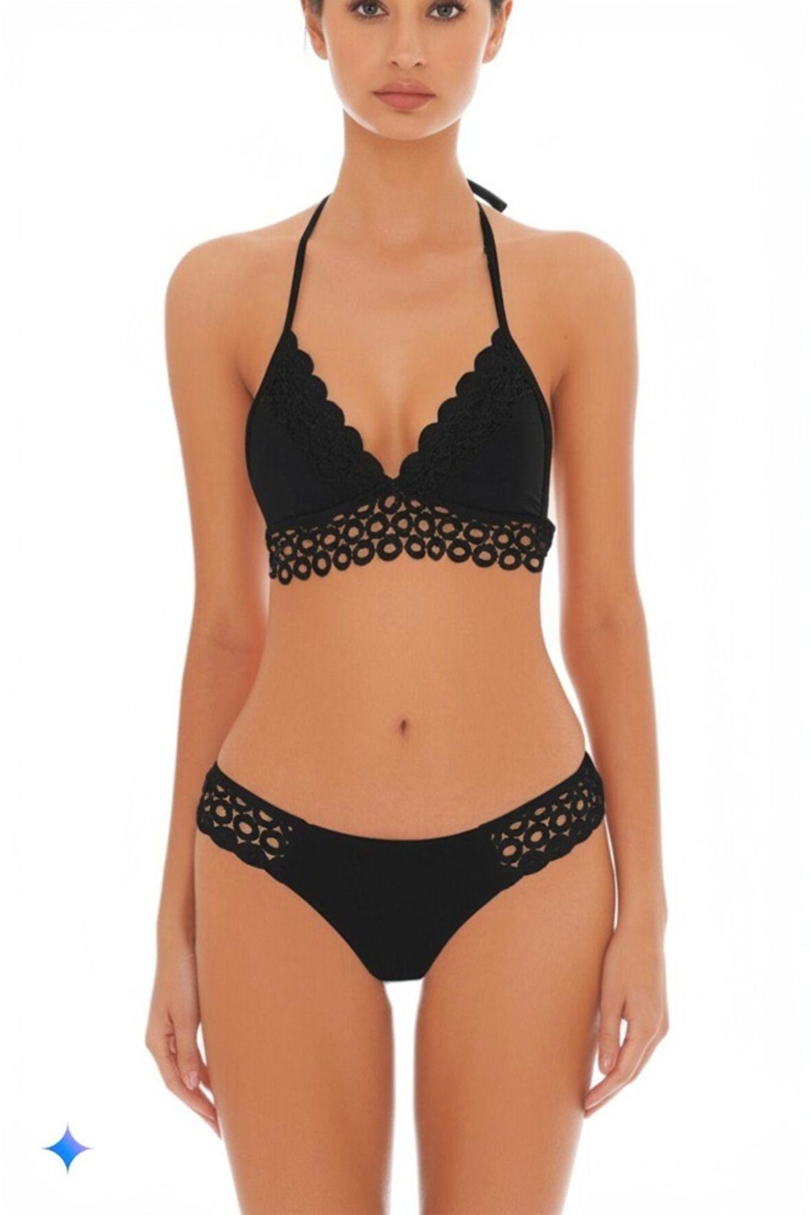 Siyah Halka Örgü Detaylı Üçgen Bikini Takımı