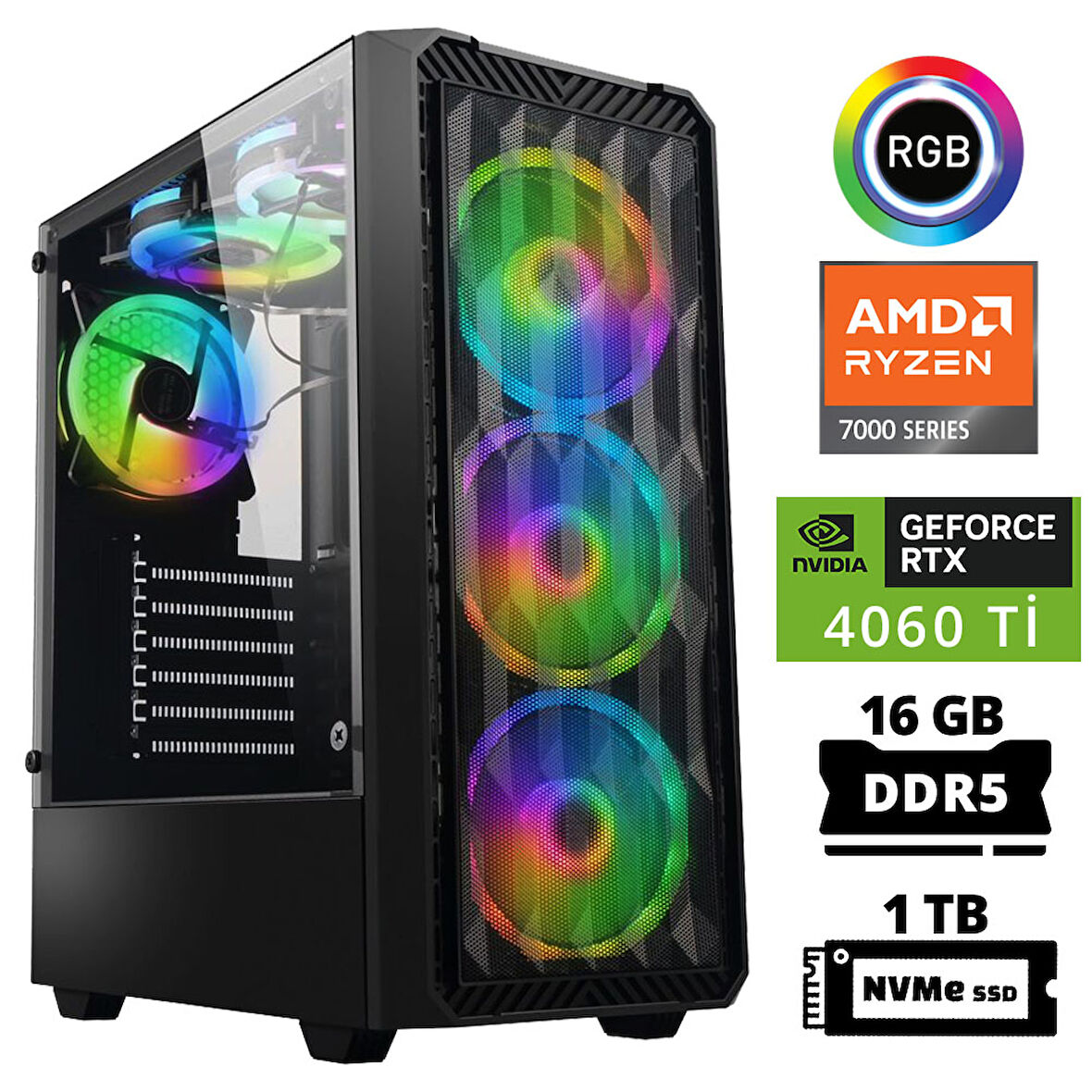 Xaser Delux X34 Ryzen 5 7500F 16GB DDR5 Ram 1TB M.2 NVMe SSD 8GB RTX4060 Ti Masaüstü Oyuncu Bilgisayarı