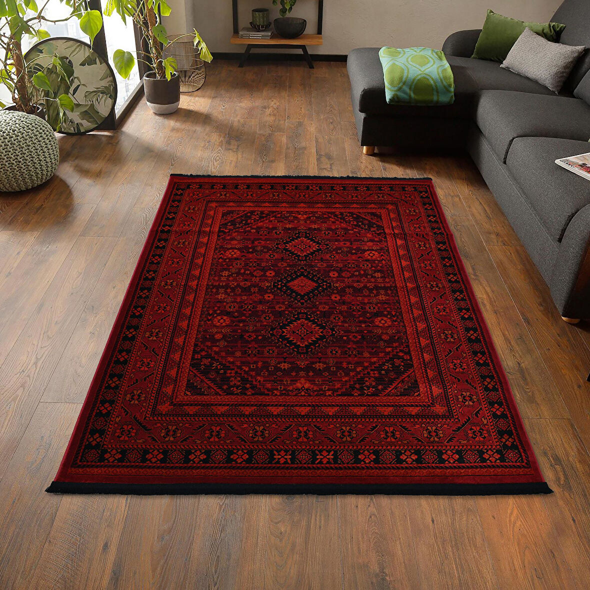 Afgan Türkmen Otantik Desenli Dokuma Kırmızı Oturma Odası Salon Mutfak Halısı Yolluk X380A 