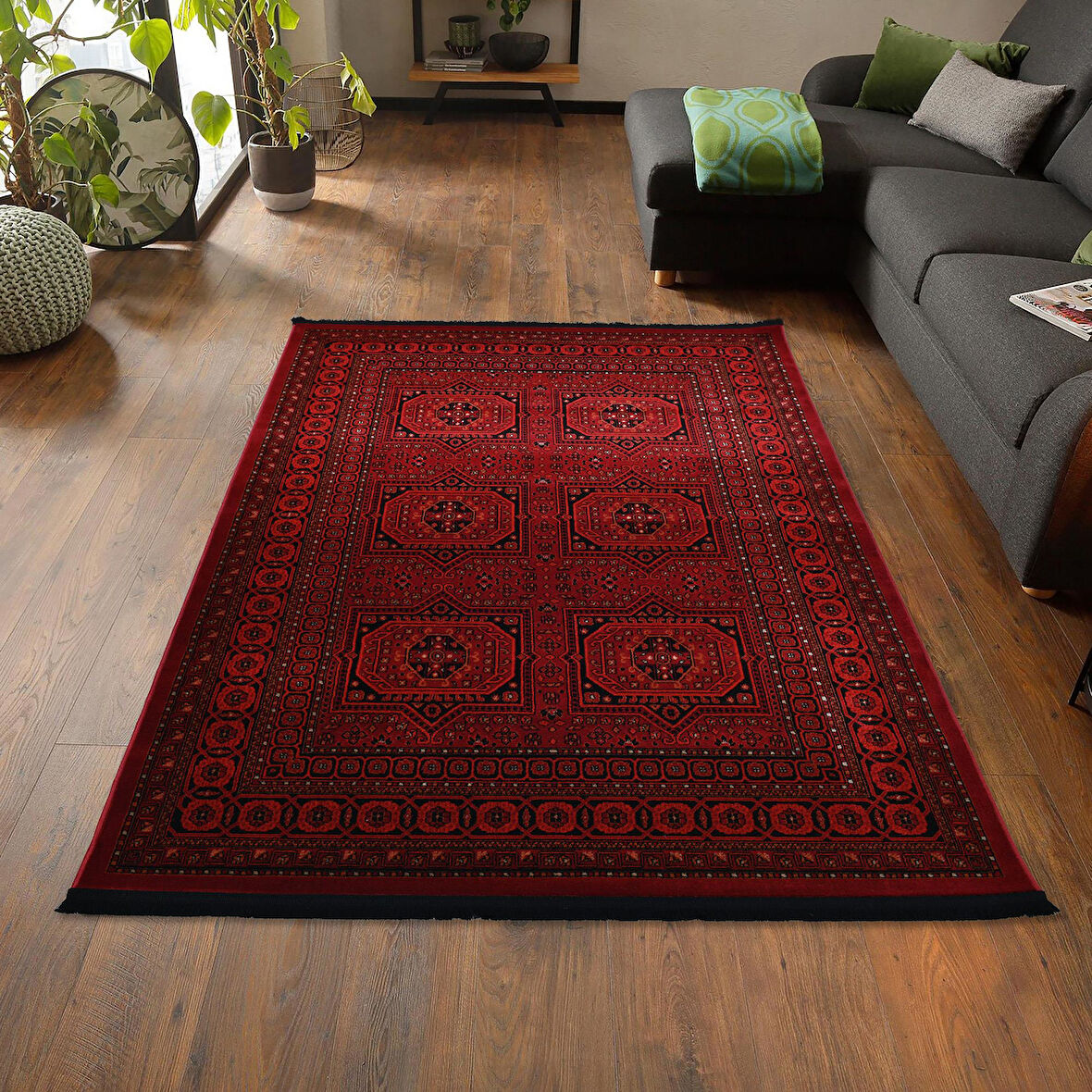 Afgan Türkmen Otantik Desenli Dokuma Kırmızı Oturma Odası Salon Mutfak Halısı Yolluk 0023A 