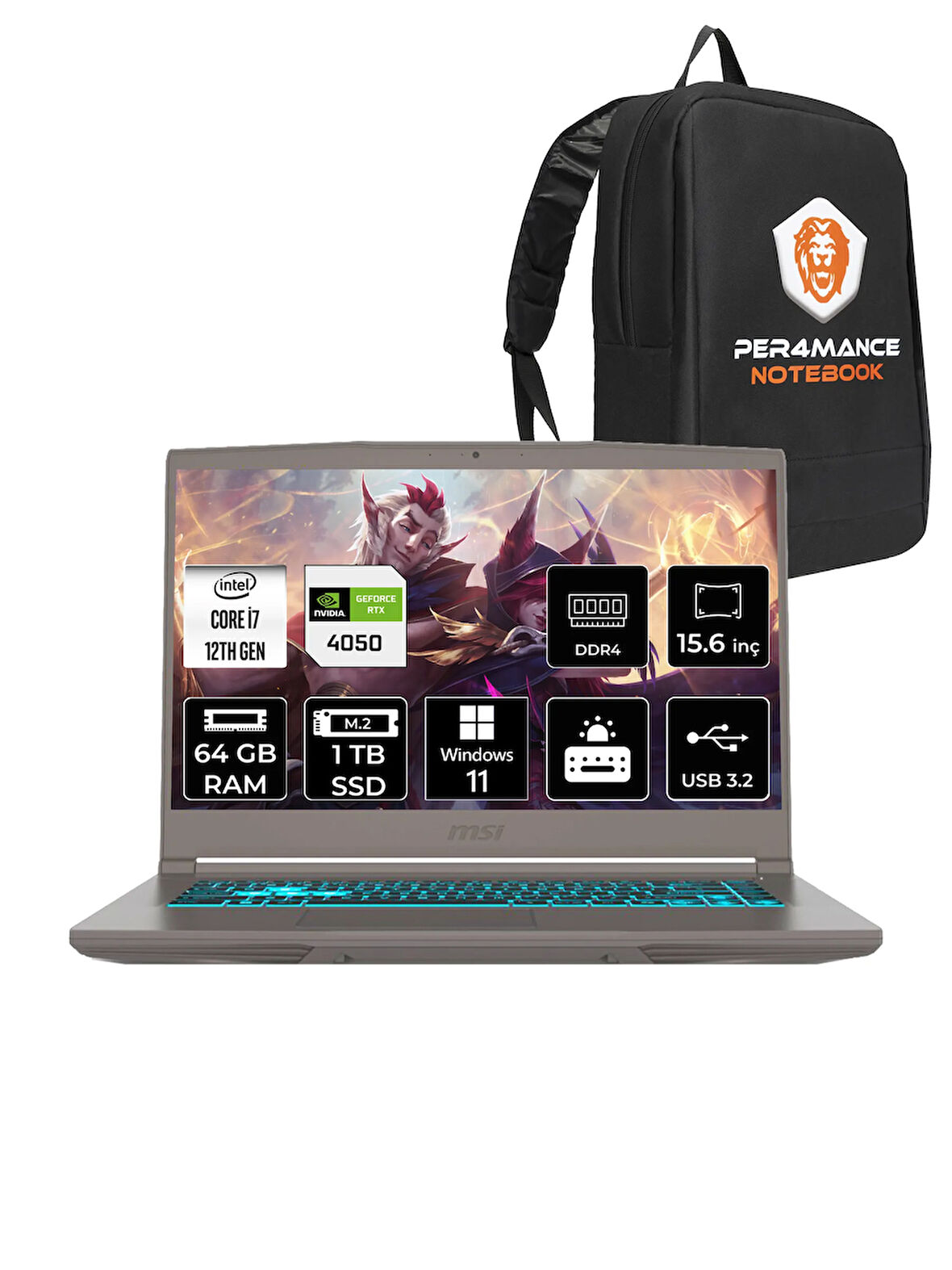 MSI Thin 15 i7 12650H 64GB 1TB SSD RTX4050/6GB 15.6" FHD 144HZ W11P B12VE92TR & PER4 ÇANTA