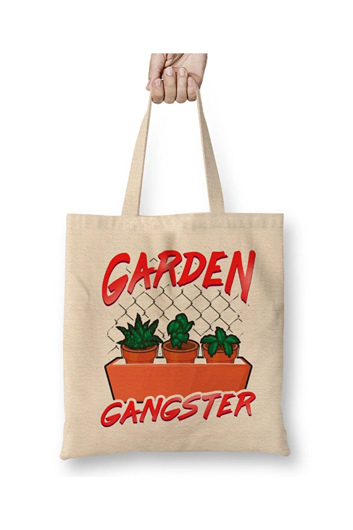 Cute & Funny Garden Gangster Planting Pun Bez Çanta Uzun Saplı Alışveriş Çantası