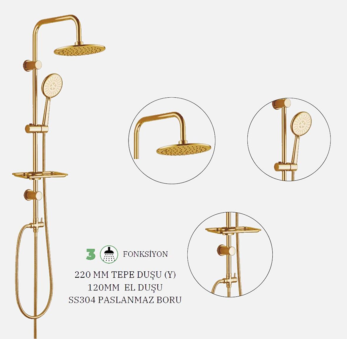 BanyoNatural Moon Gold Tepe Duş Seti Gold DS-316-G