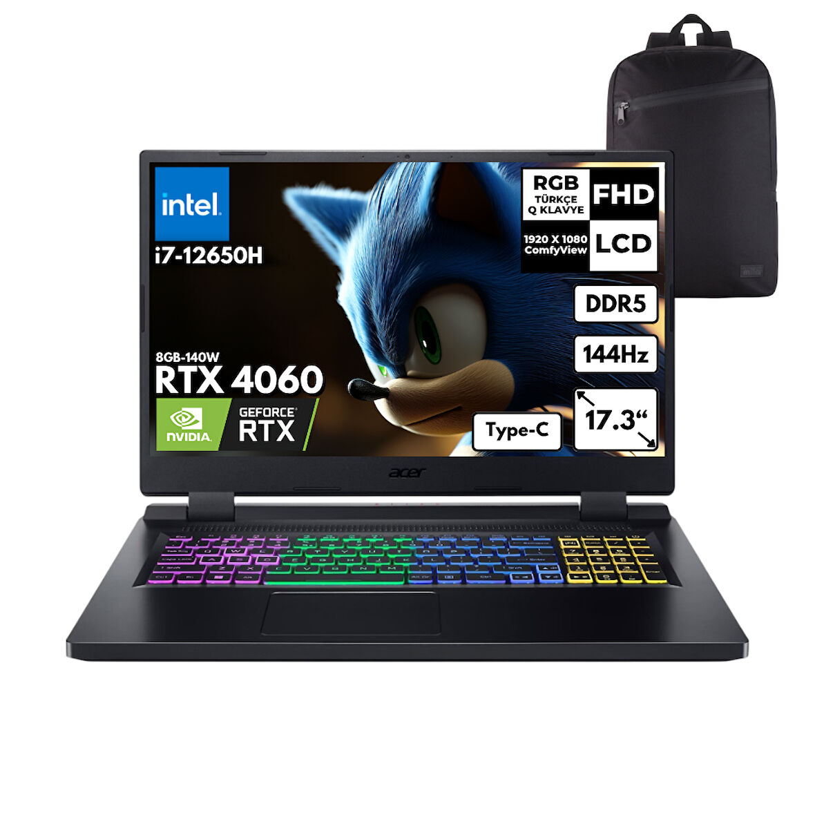 Acer Nitro 5 AN517-55-79B5 i7-12650H 40-GBDDR5 1 TBSSD RTX4060 (8GB-140W) 17.3" FHD Windows 11 Pro + HMF Sırt Çantası NH.QLFEY.004HMF20
