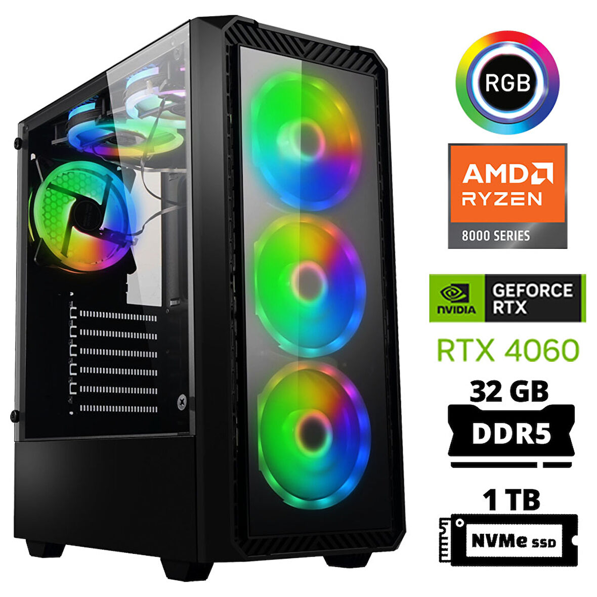 Xaser Delux X22 Ryzen 5 8400F 32GB DDR5 Ram 1TB M.2 NVMe SSD 8GB RTX4060 Masaüstü Oyuncu Bilgisayarı