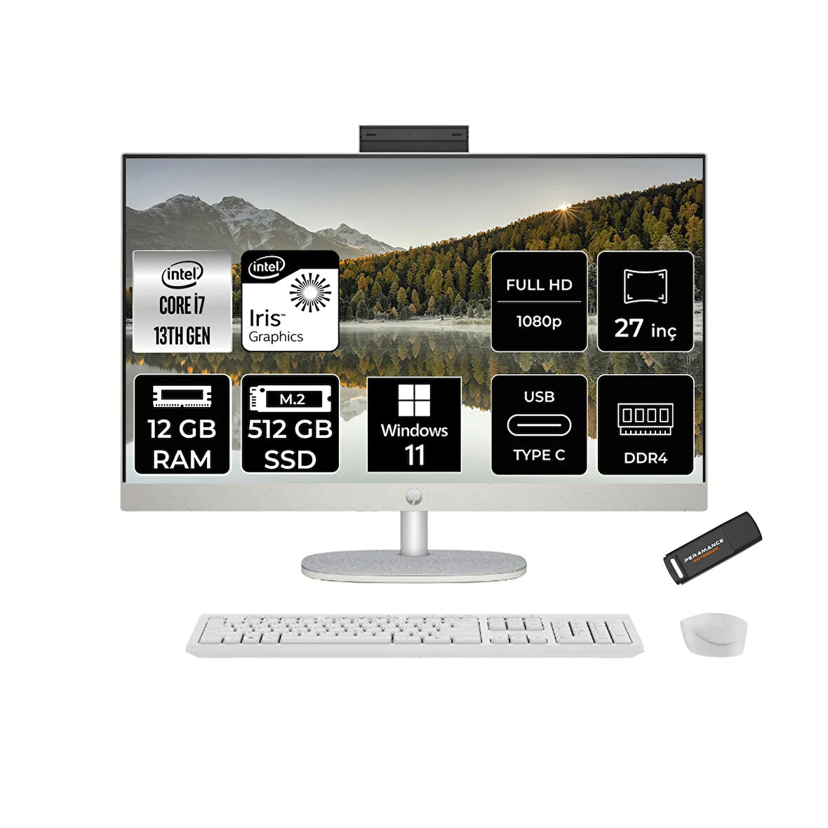 HP 27-CR0004NT i7 1355U 12GB 512GB SSD Intel Graphics 27" FHD IPS W11H All In One PC Beyaz & PER4