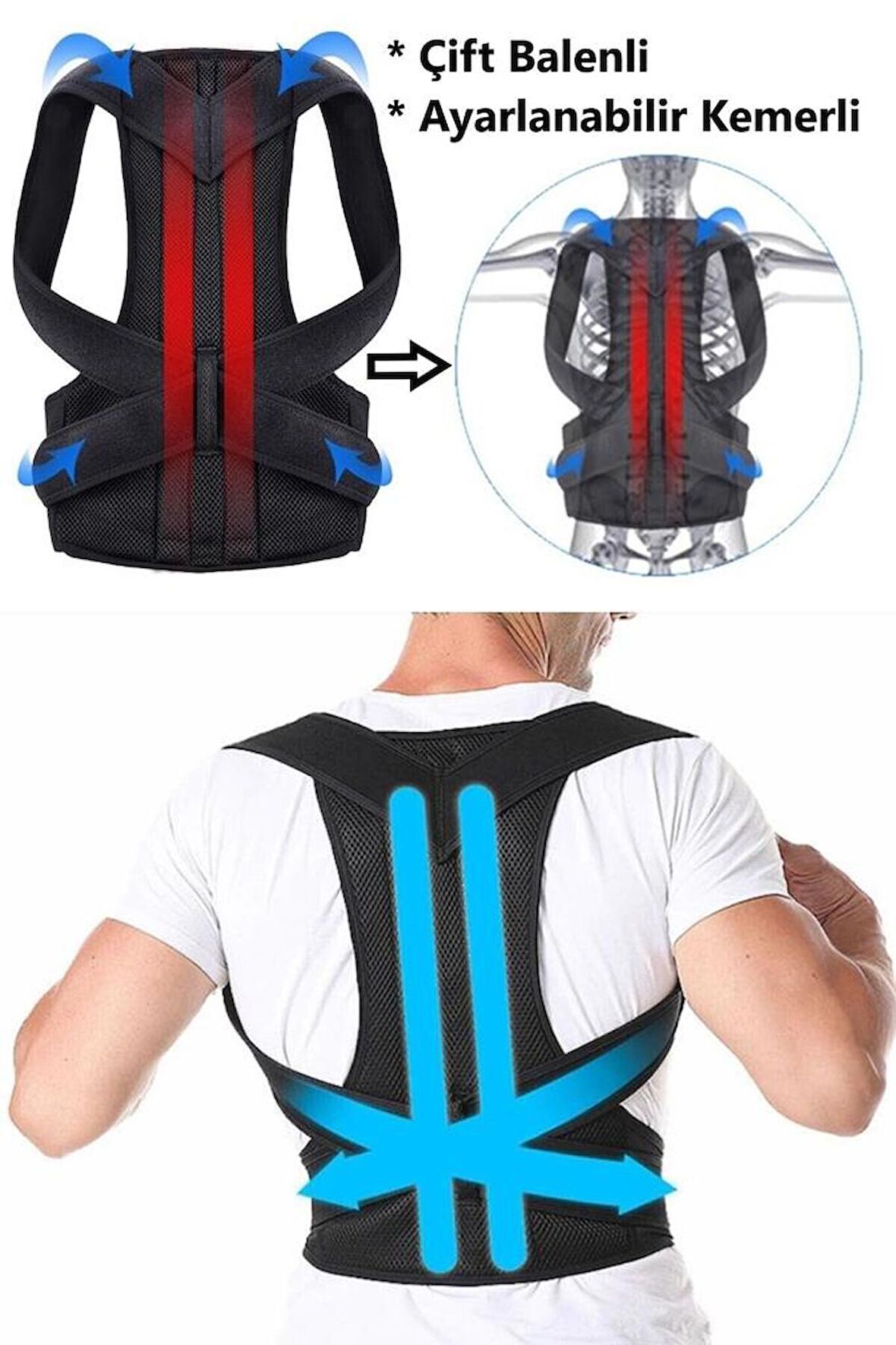 Çift Balenli Bel ve Sırt Korsesi Dik Durus Spor Bel Sırt Omuz Kambur Önleyici Korse