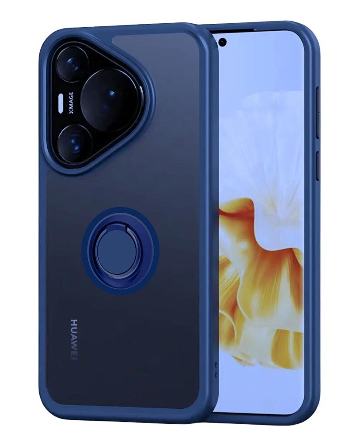 Huawei Pura 70 Pro Kılıf Yüzüklü Standlı Extra Darbe Emici Sert Silikon Kapak - Lacivert
