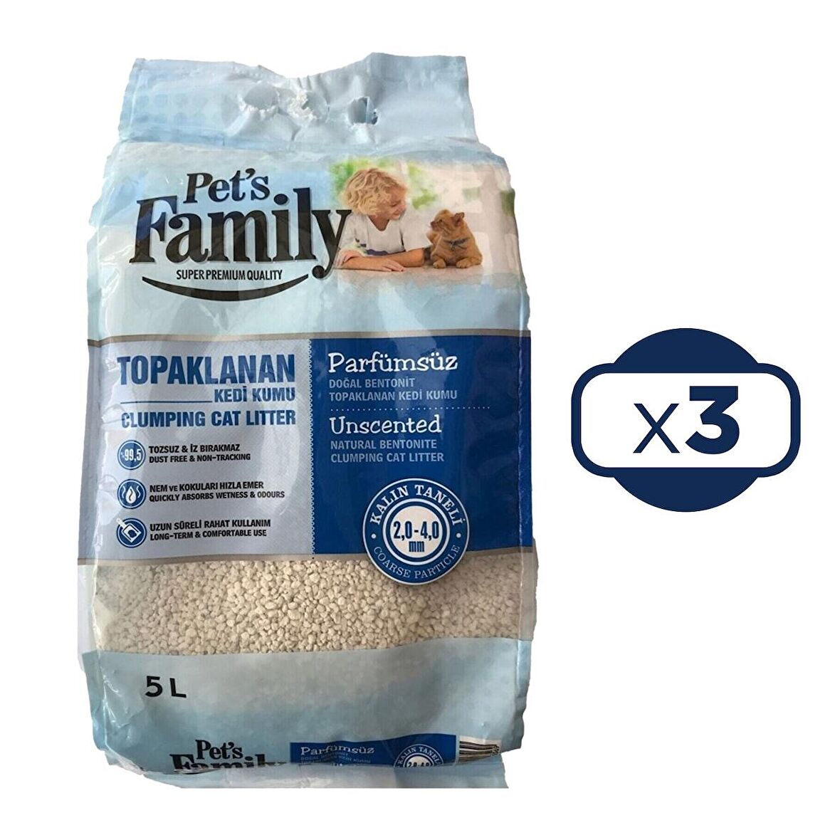 Pets Family Topaklanan Kedi Kumu Parfümsüz Kalın 5 L x 3 Ad (15 kg)