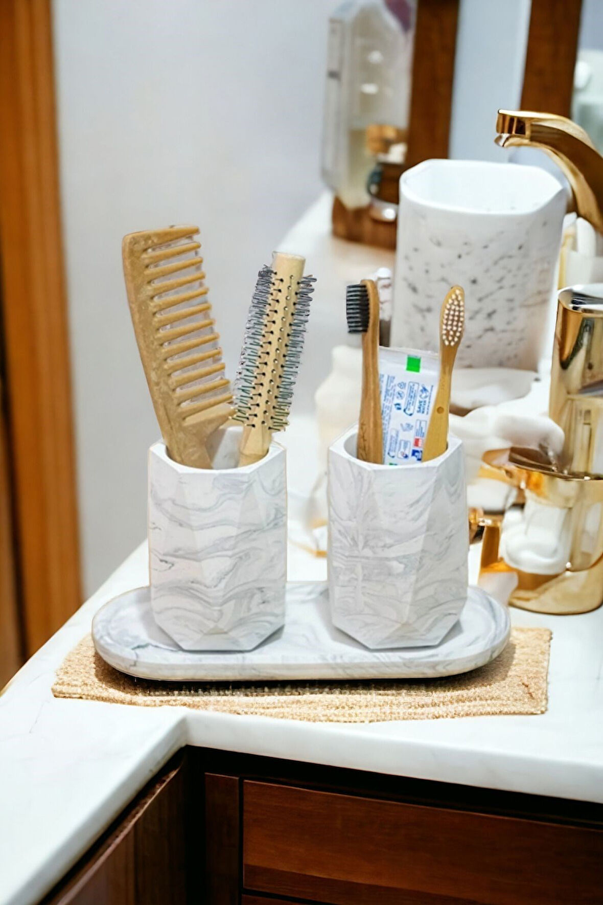 Banyo Seti Tepsili Diş Fırçalık, Diş Macunluk, Makyaj Organizeri,Banyo Takımı