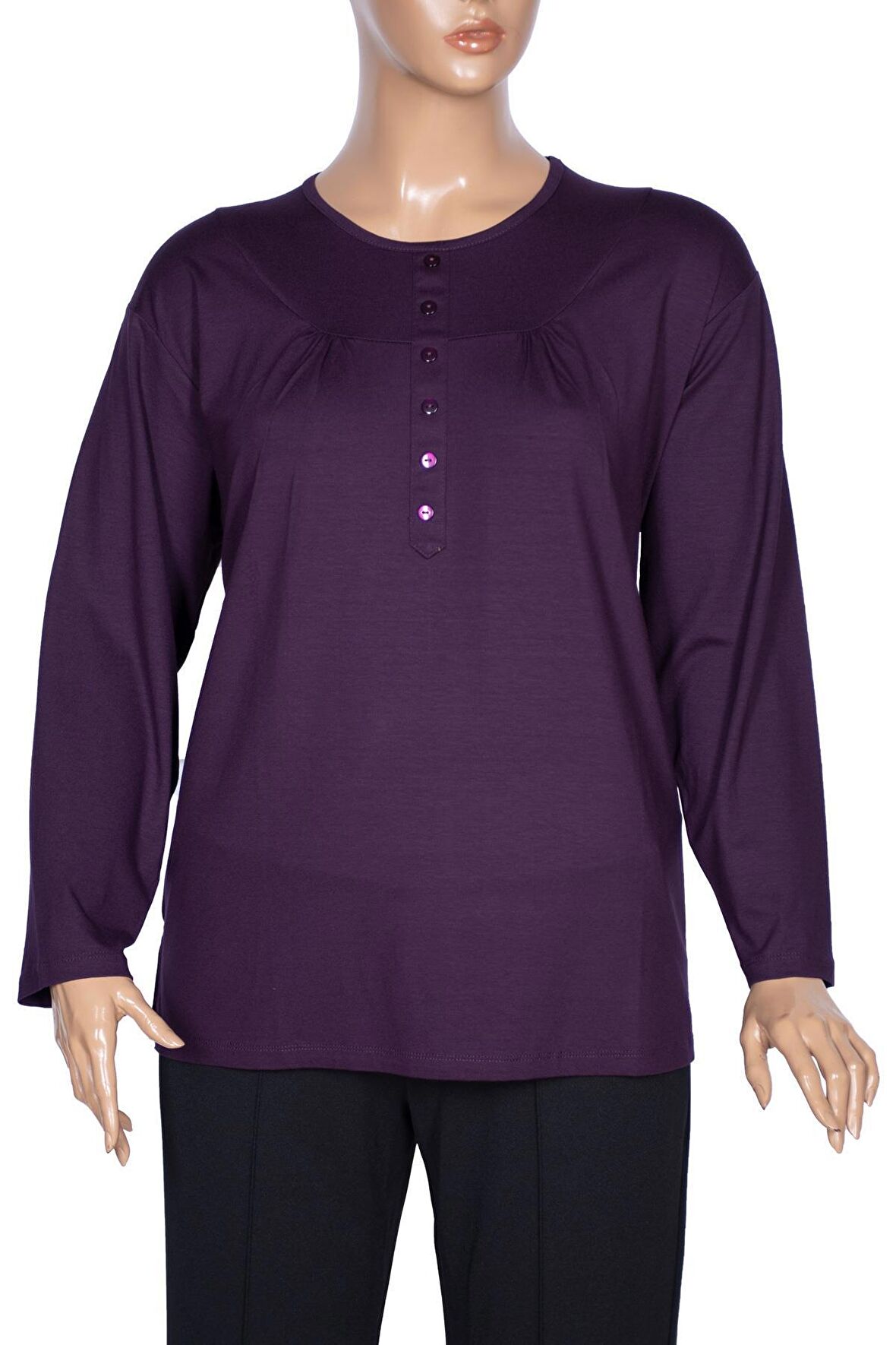 Cimariva Kadın Arsu Büyük Beden Robalı Süs Düğmeli Mürdüm Bluz