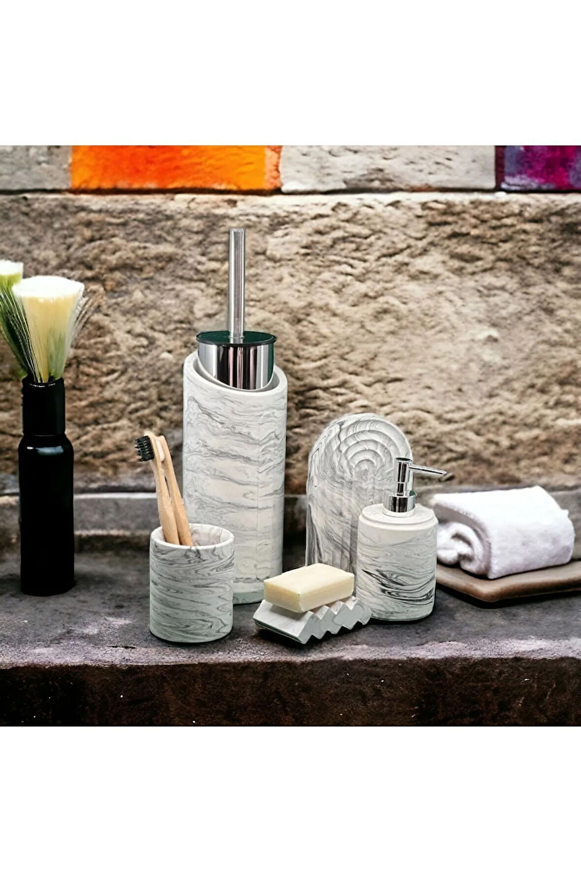 Marble Serisi Beton Banyo Seti Ve Tuvalet Fırçalığı,sıvı,katı Sabunluk,diş Fırçalık,tepsi