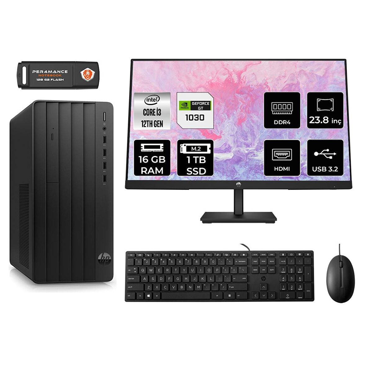 HP TOWER 290 G9 i3 12100 16GB RAM 1TB SSD GT1030/4GB FDOS 6D3A1EA MASAÜSTÜ PC & 23.8'' MONİTÖR