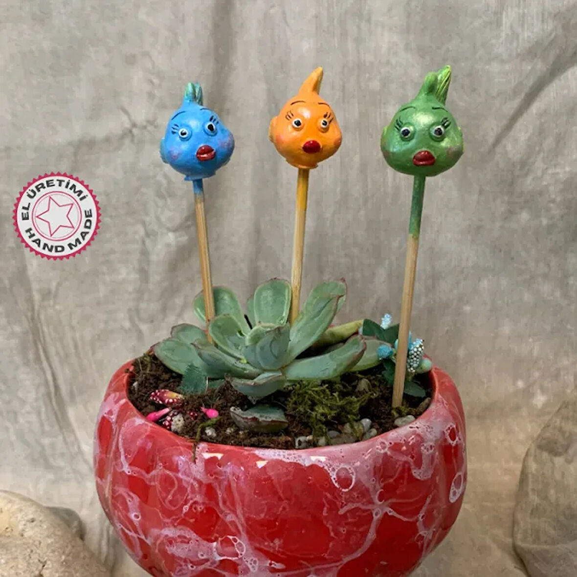 Uretti - Pınar 2572 - El Yapımı 3'lü Sevimli Balık Saksı Süsü -  16 cm