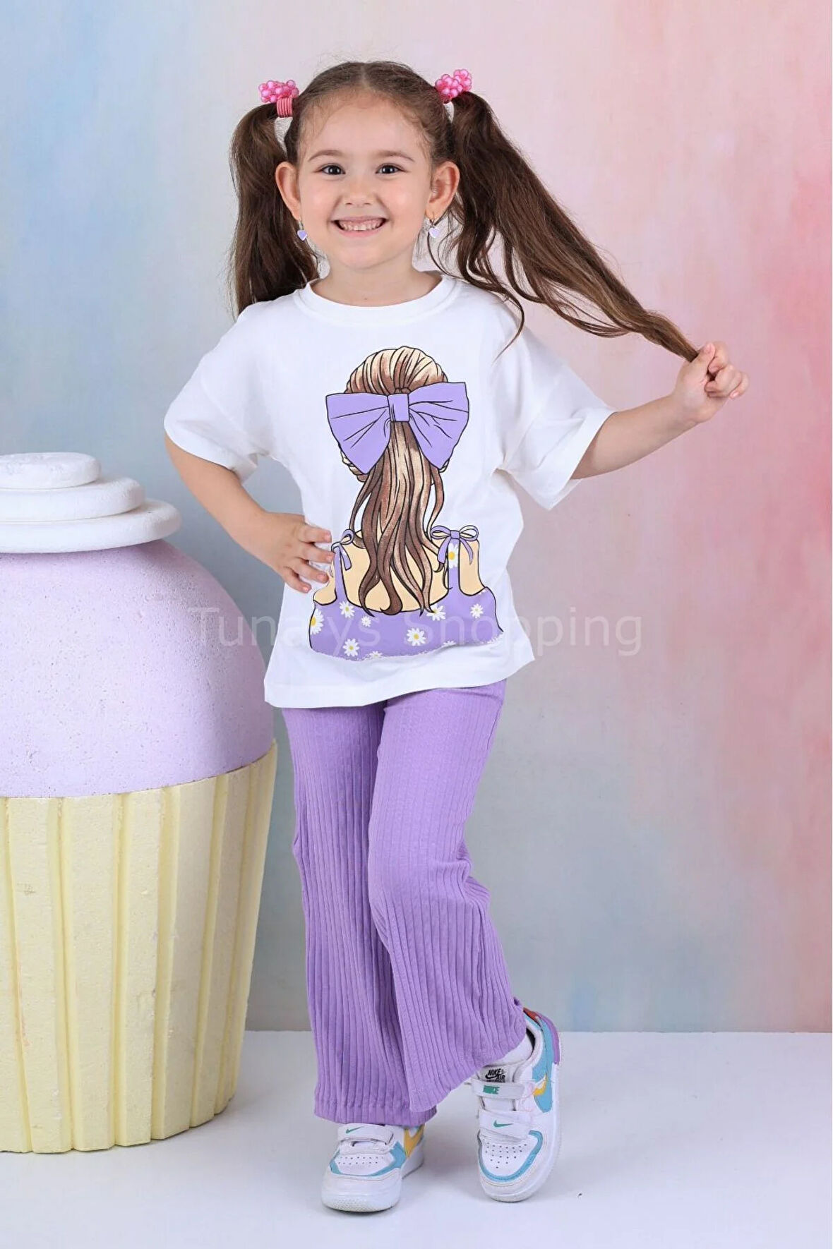 İspanyol Paça Fitilli Tayt Oversize Baskılı T-shirt Kız Çocuk Takım (QOxtr5yAbV)