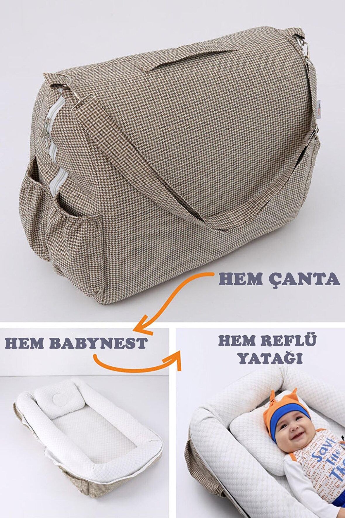 Çantalı Taşınabilir Bebek Reflü Yatağı, Yastığı, Babynest, Anne Çantası Dokuma Kumaş