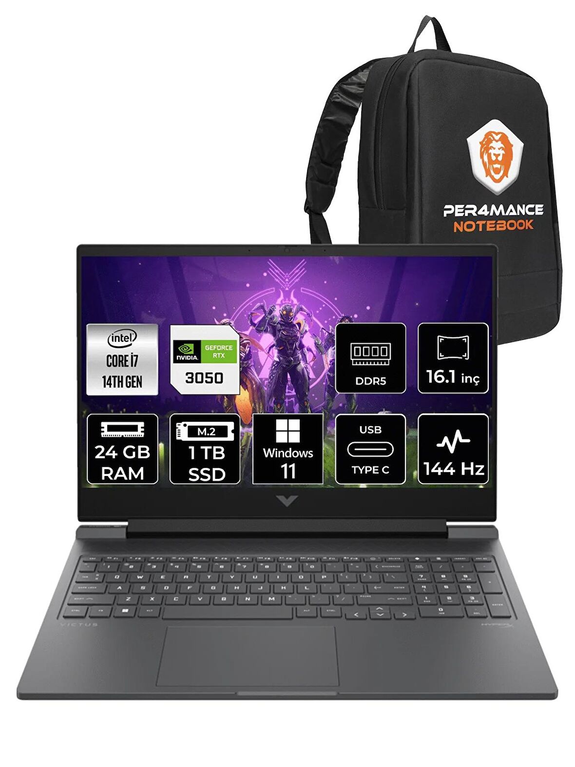 HP VİCTUS 16  i7-14700HX 24GB RAM 1TB SSD RTX3050/6GB 144Hz 16.1 FHD W11PRO 9J288EA & PER4 ÇANTA