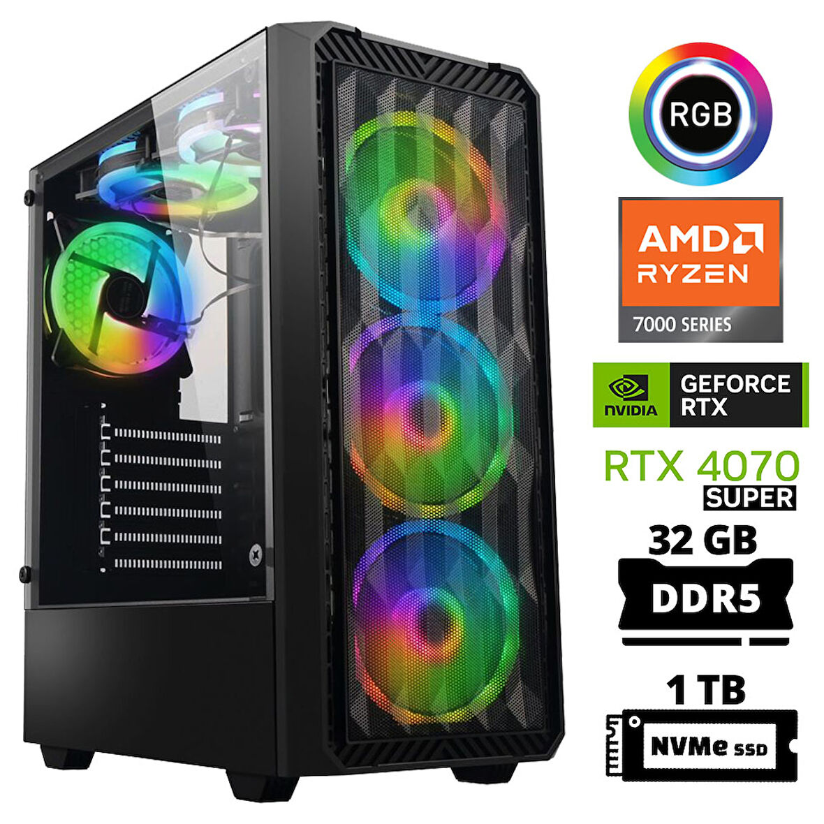 Xaser Delux X46 Ryzen 5 7500F 32GB DDR5 Ram 1TB M.2 NVMe SSD 12GB RTX4070 SUPER Masaüstü Oyuncu Bilgisayarı