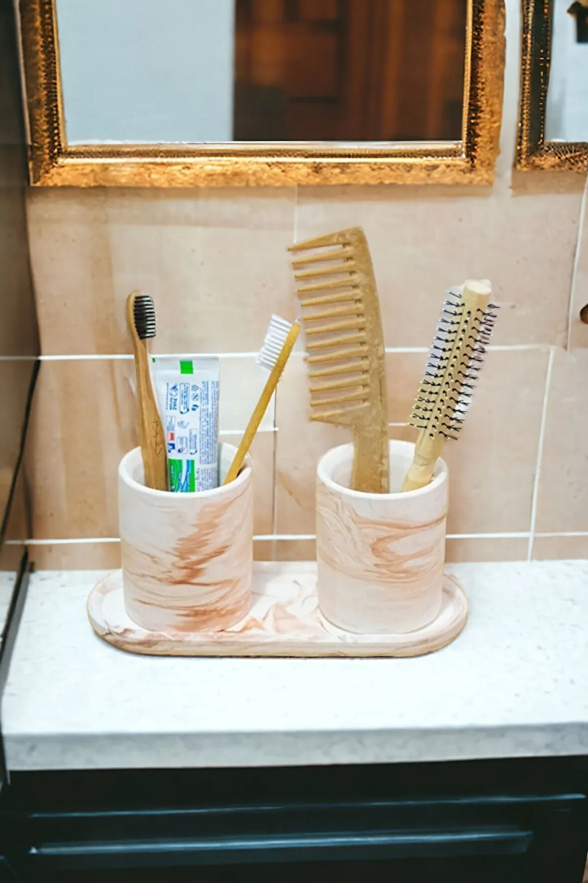 Banyo Seti Turuncu Renk  Tepsili Diş Fırçalık, Diş Macunluk, Makyaj Organizeri,Banyo Takım