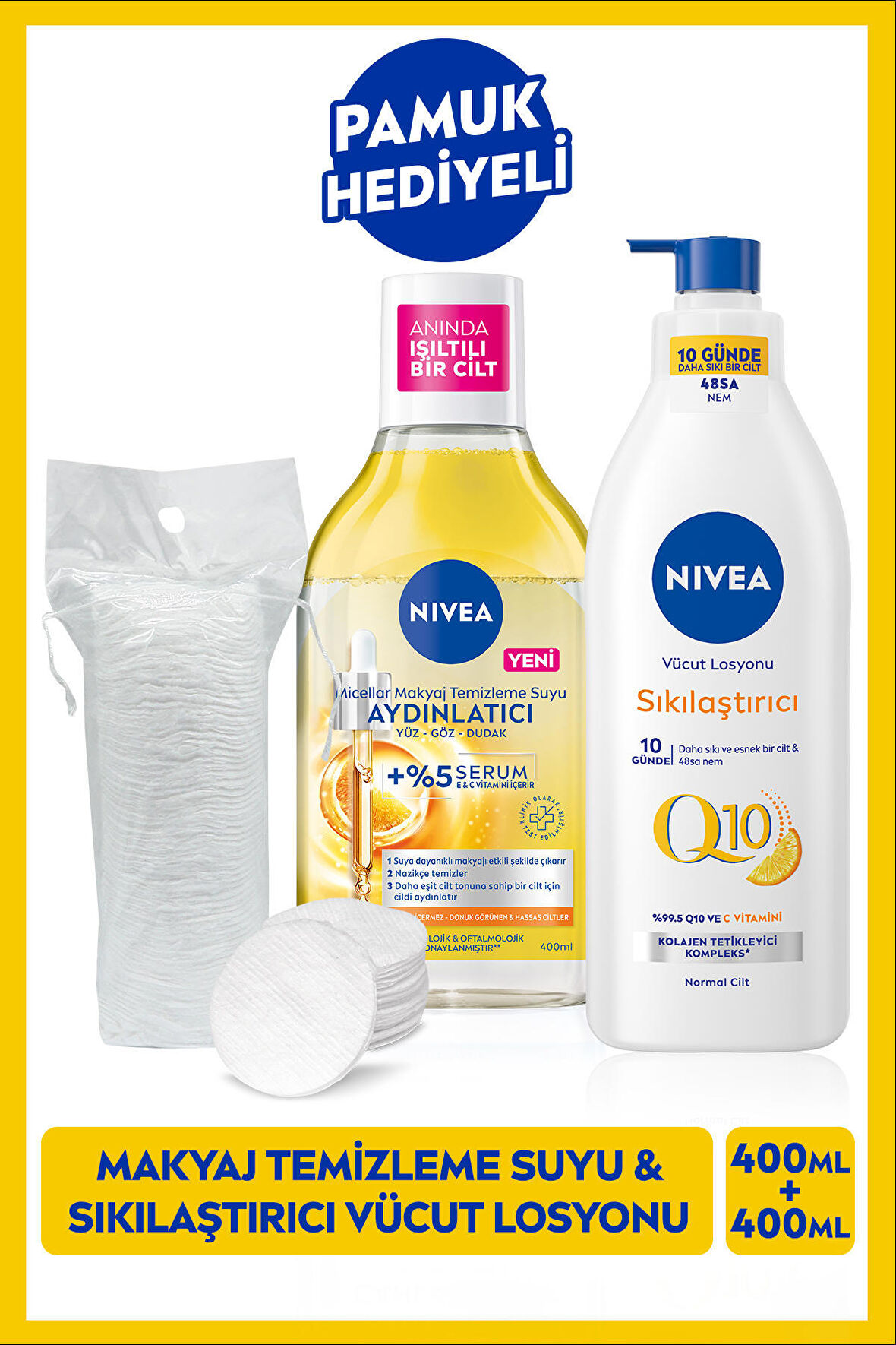 Nivea Aydınlatıcı Micellar Makyaj Temizleme Suyu 400ml ve Q10 Sıkılaştırıcı Vücut Losyonu, Pamuk Hediyeli