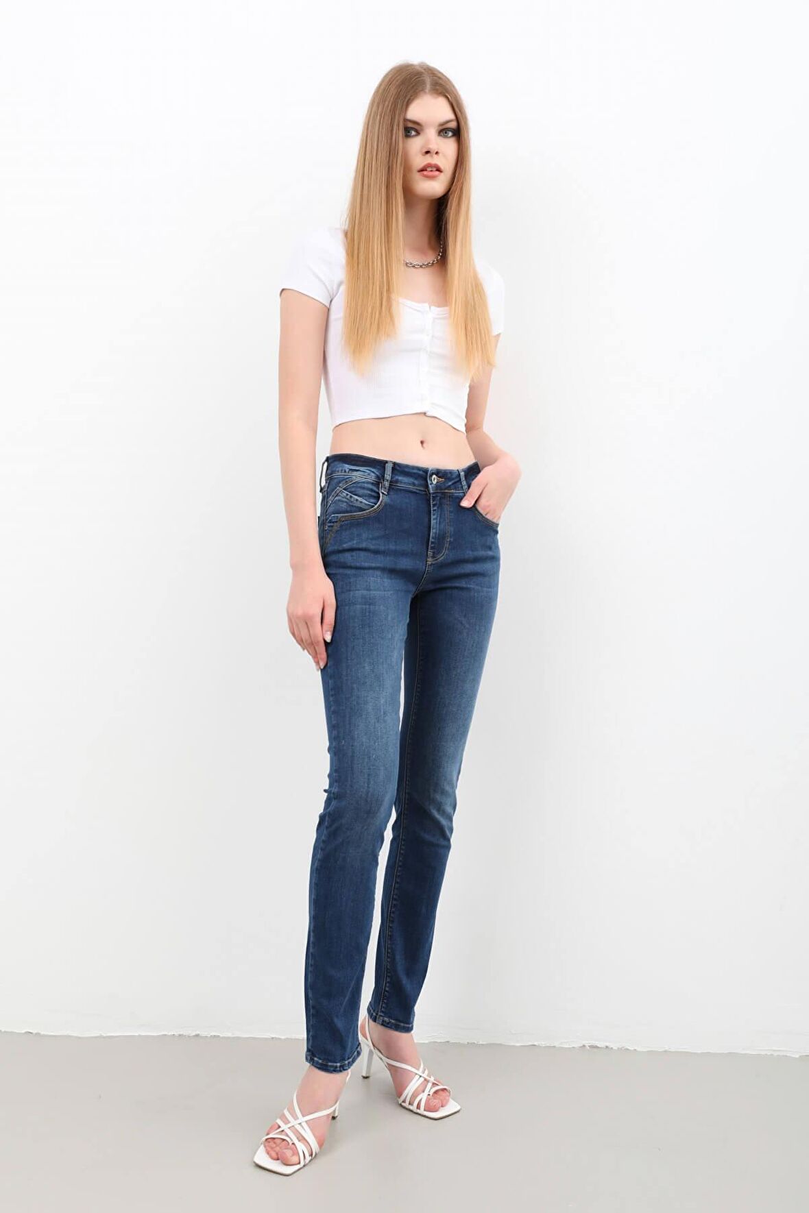 Kadın Likralı Slim Jean Pantolon Mavi