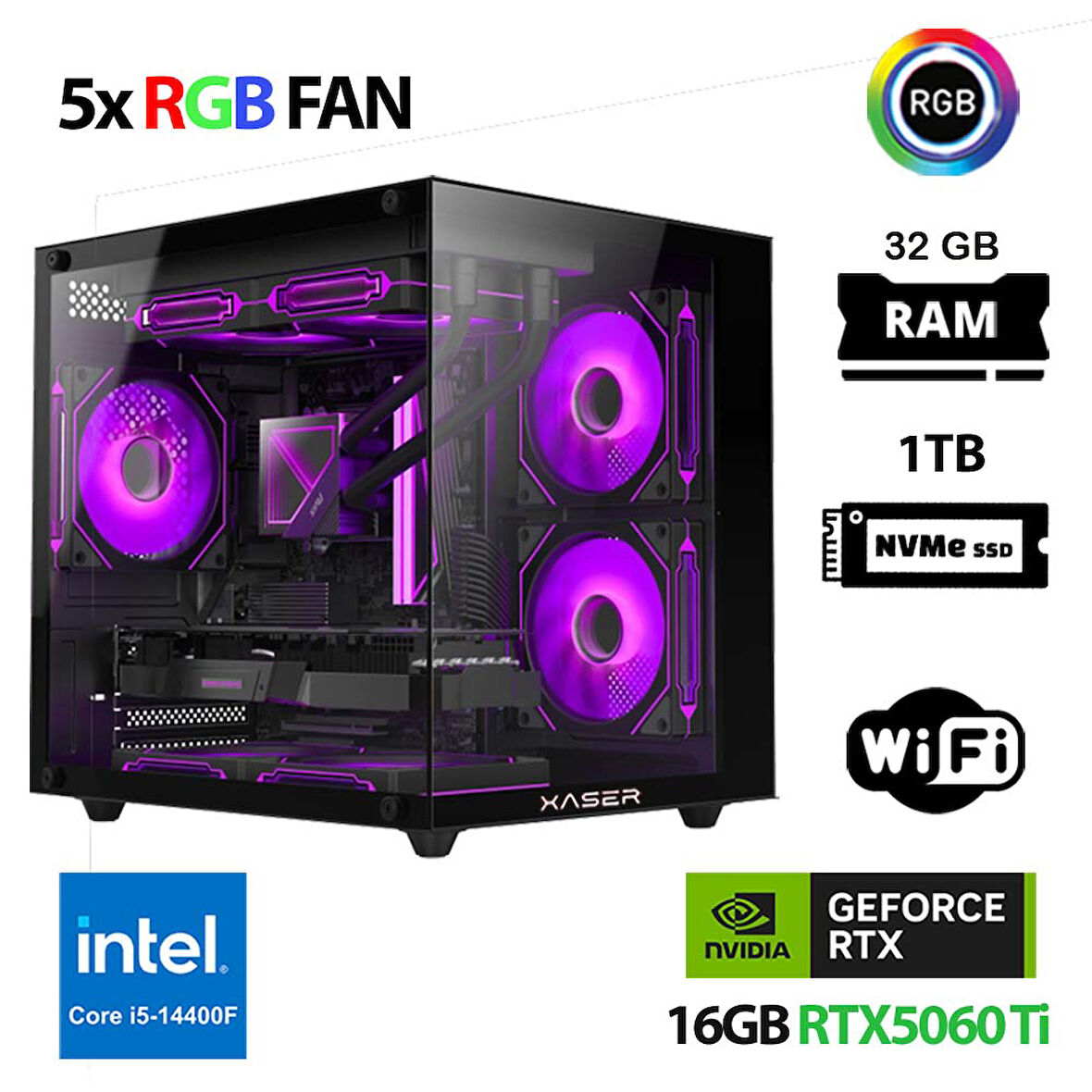 Xaser Cube X210 i5 14400F 32GB DDR5 Ram 1TB M.2 NVMe SSD 16GB RTX5060 Ti Masaüstü Oyuncu Bilgisayarı