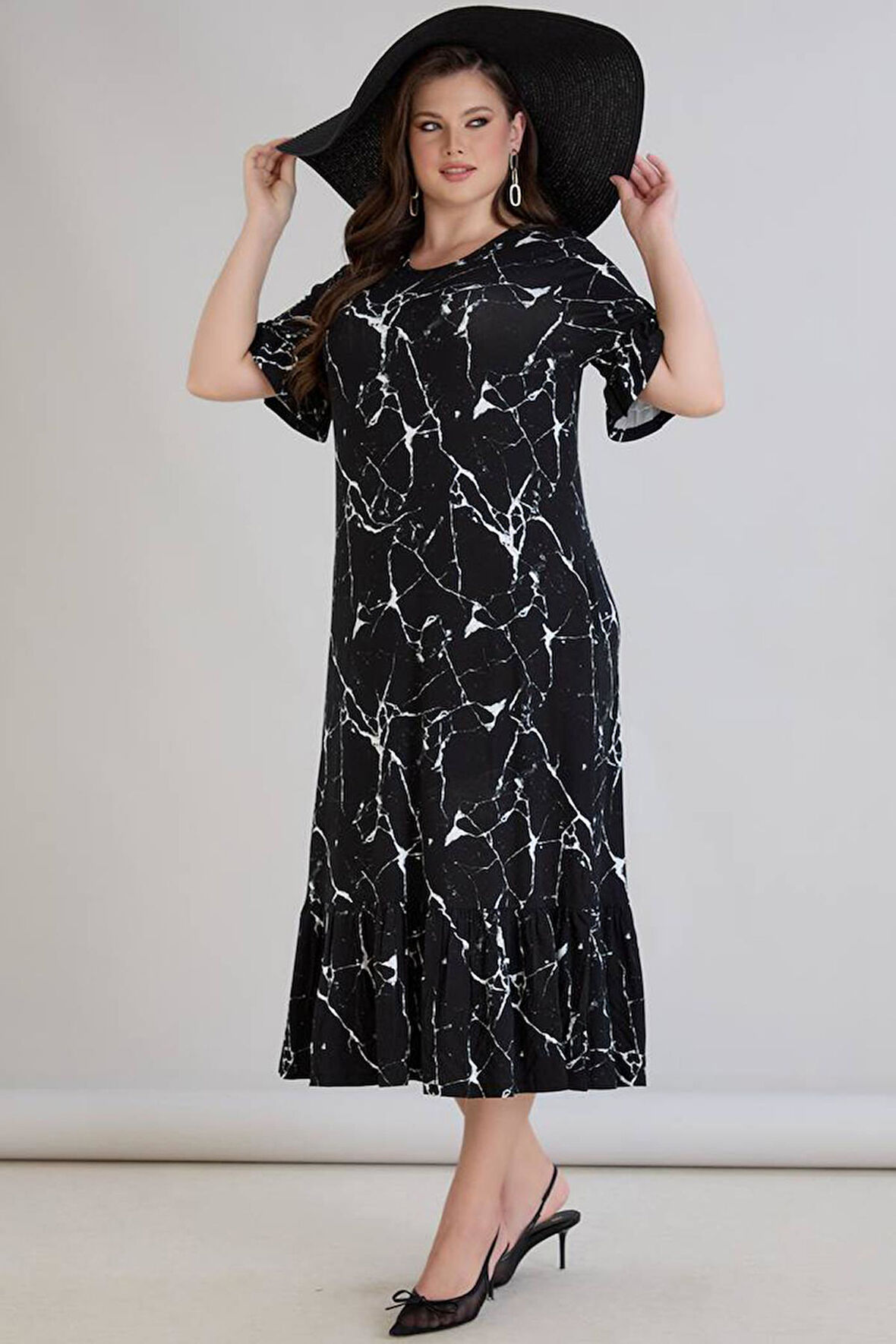 Wearon Kadın Dora Büyük Beden Volanlı Mermer Desen Siyah Elbise