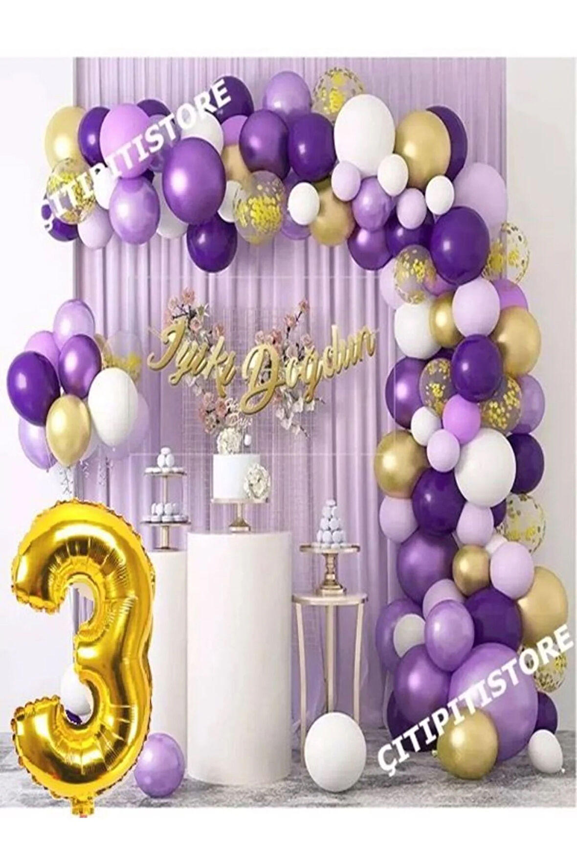 Mor Lila Beyaz Gold Balon Zinciri Seti Gölge Mor Altın Balon Dekorasyon