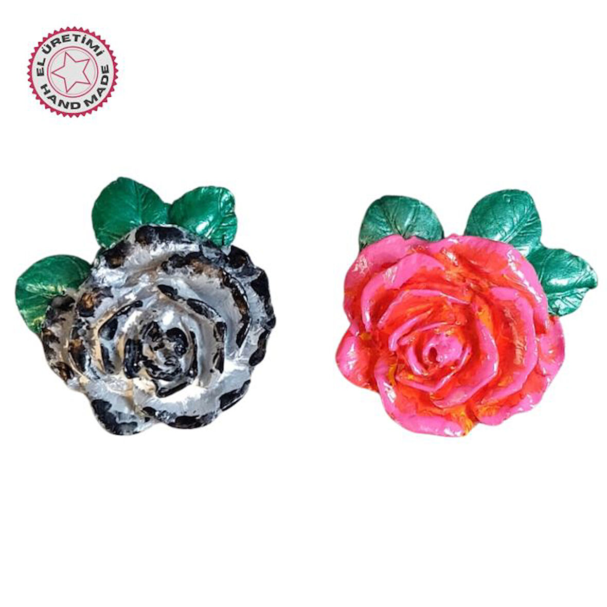 Uretti - Ayşe 7362 5422 El Yapımı Minik 2'li Pembe - Siyah Renk Gül Magnet - 6 x 7 cm