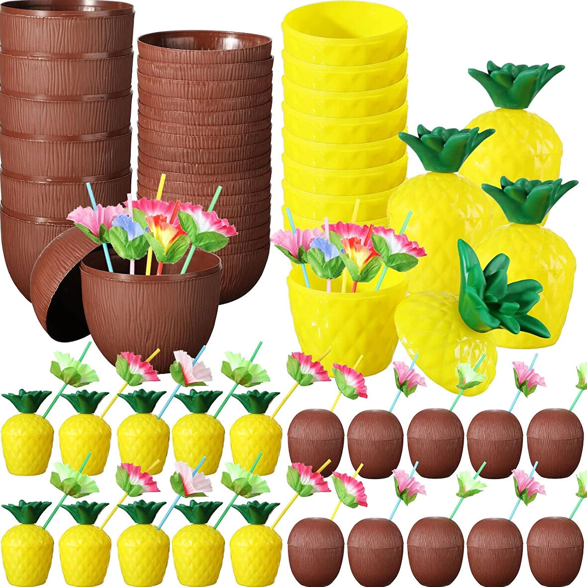 Tropikal Parti Bardak Seti - Ananas Ve Hindistan Cevizi Şekilli Pipetli Bardaklar (20 Adet)