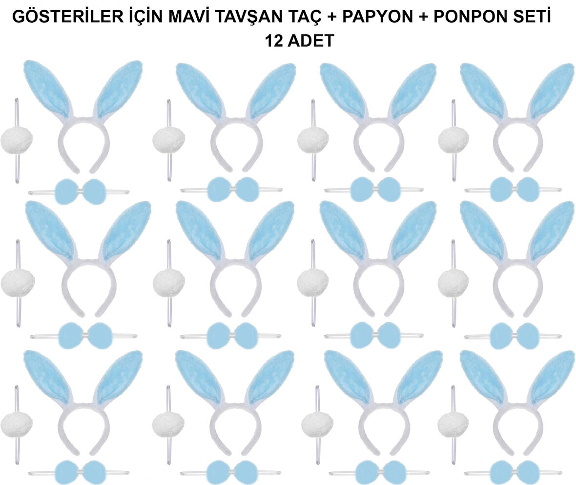 Mavi Tavşan Kostüm Seti - Taç, Papyon, Ponpon (12 li Paket)
