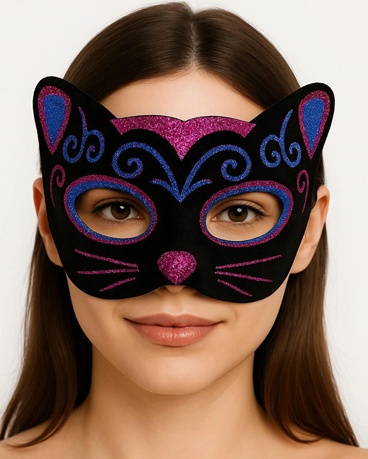 Siyah Kadife Kaplama Üzeri Pembe Mavi Sim İşlemeli Kedi Maskesi 20x13 Cm