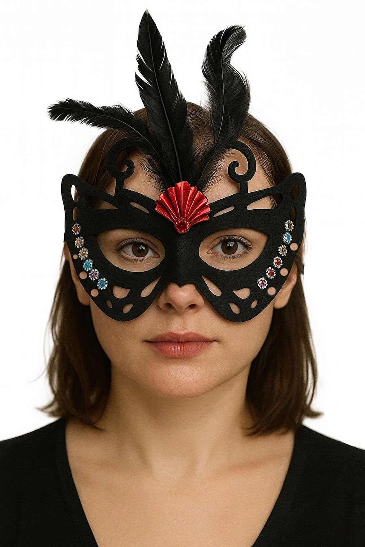 Siyah Renk Siyah Süet Kaplama Tüylü Kelebek Figür Parti Maskesi 24x18 Cm