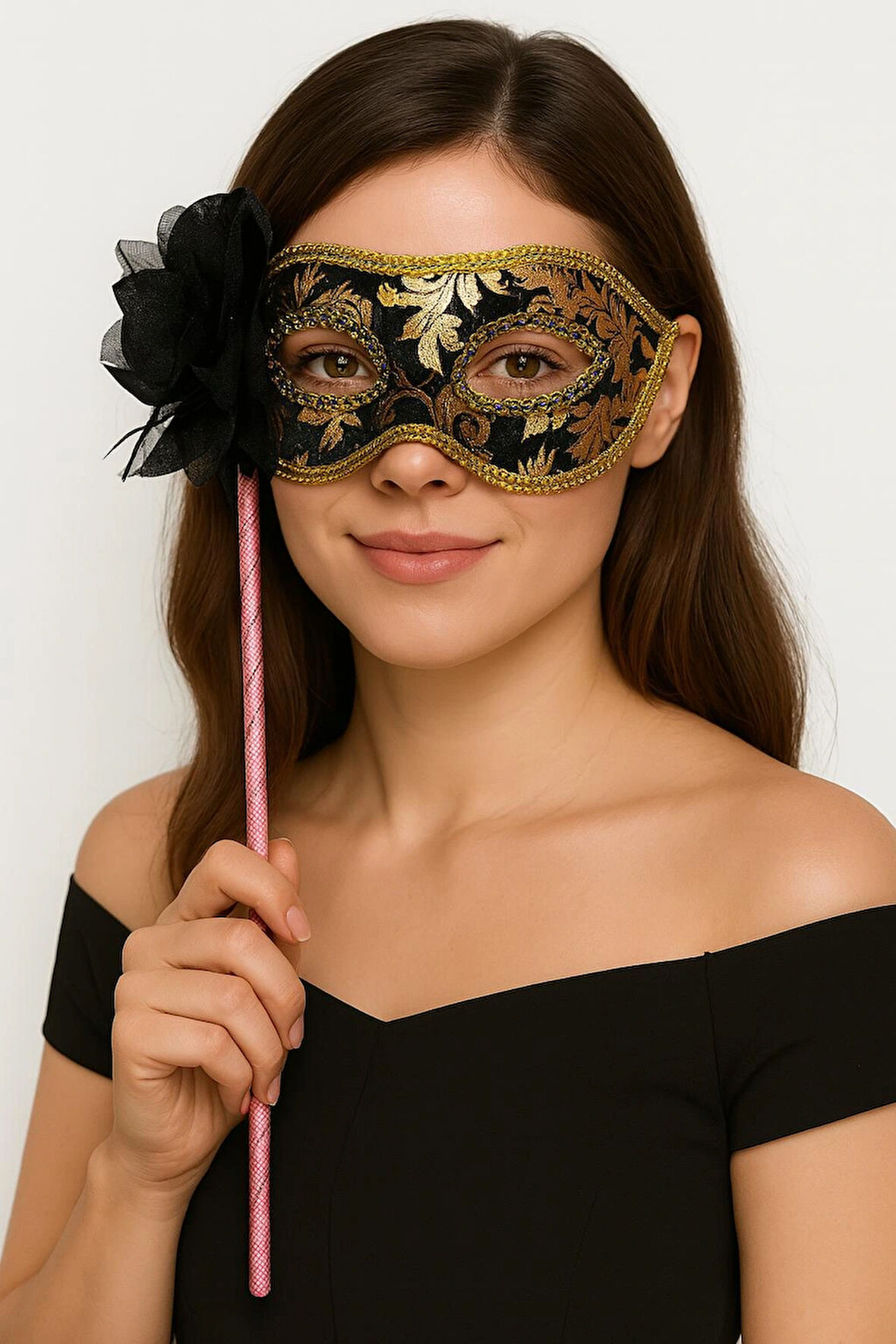 Lüks Taşlı Saplı Maskeli Balo Maskesi Siyah Renk 35 Cm