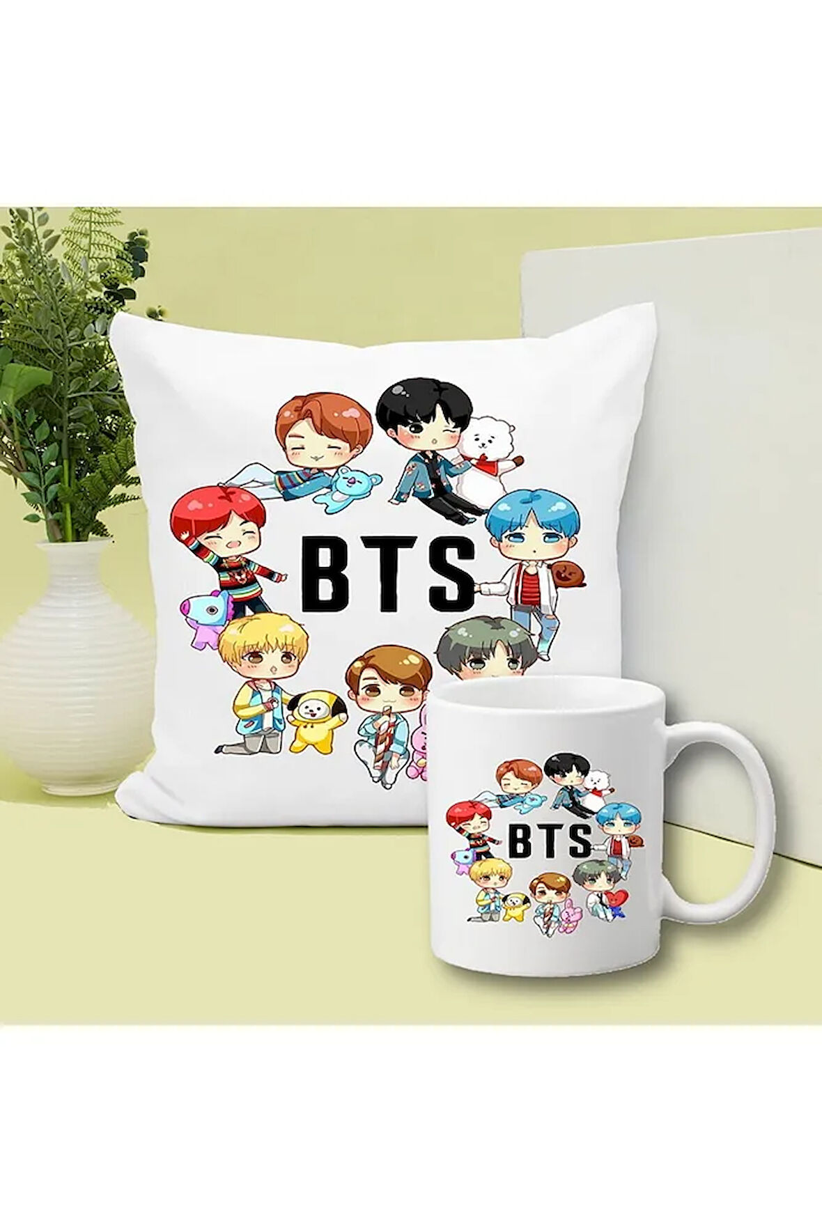 Bts Karakterler Baskılı Kupa ve Yastık Hediyelik Set Arkadaşa Hediye